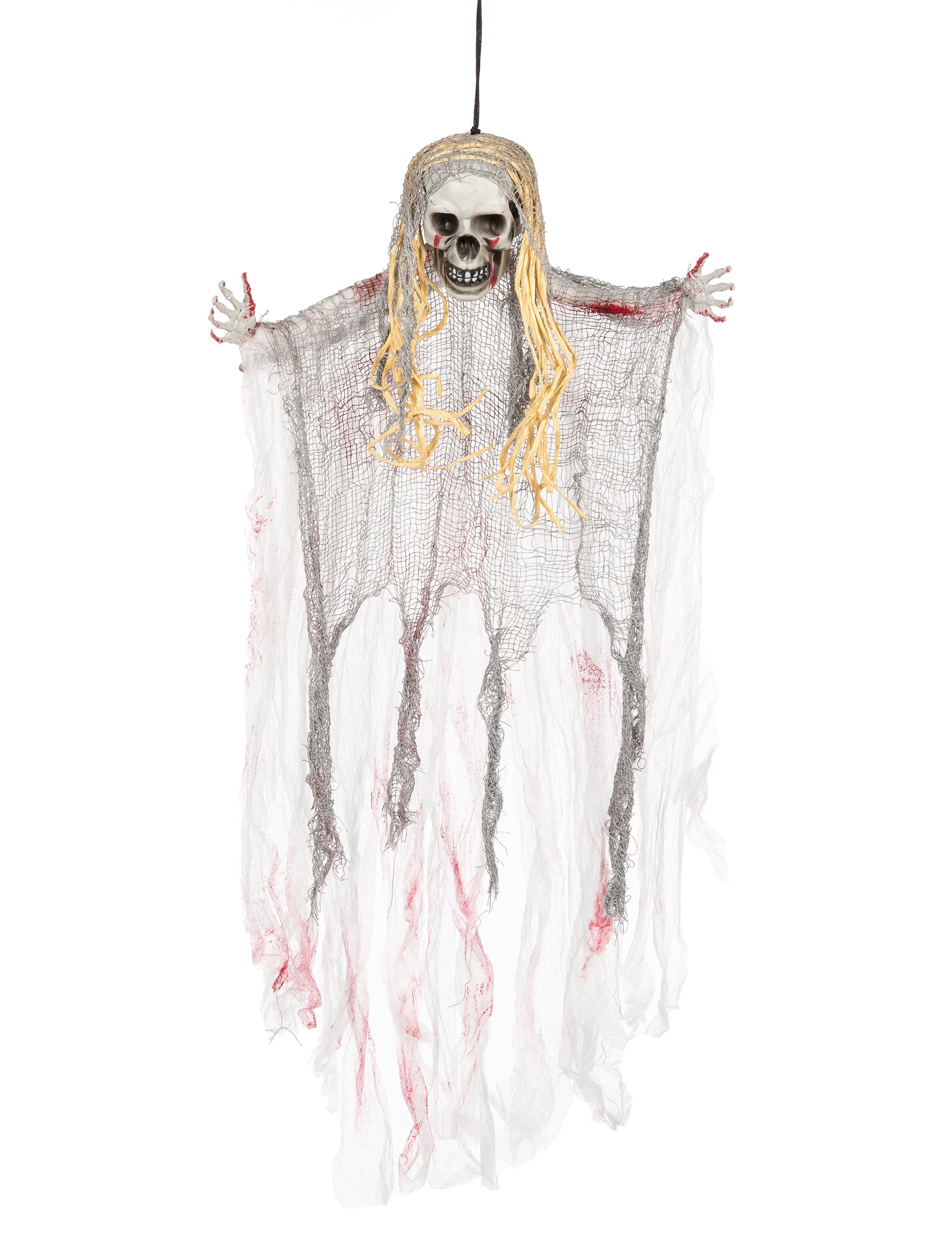 Décoration fantôme sanglant pour Halloween blanche et grise avec cheveux blonds