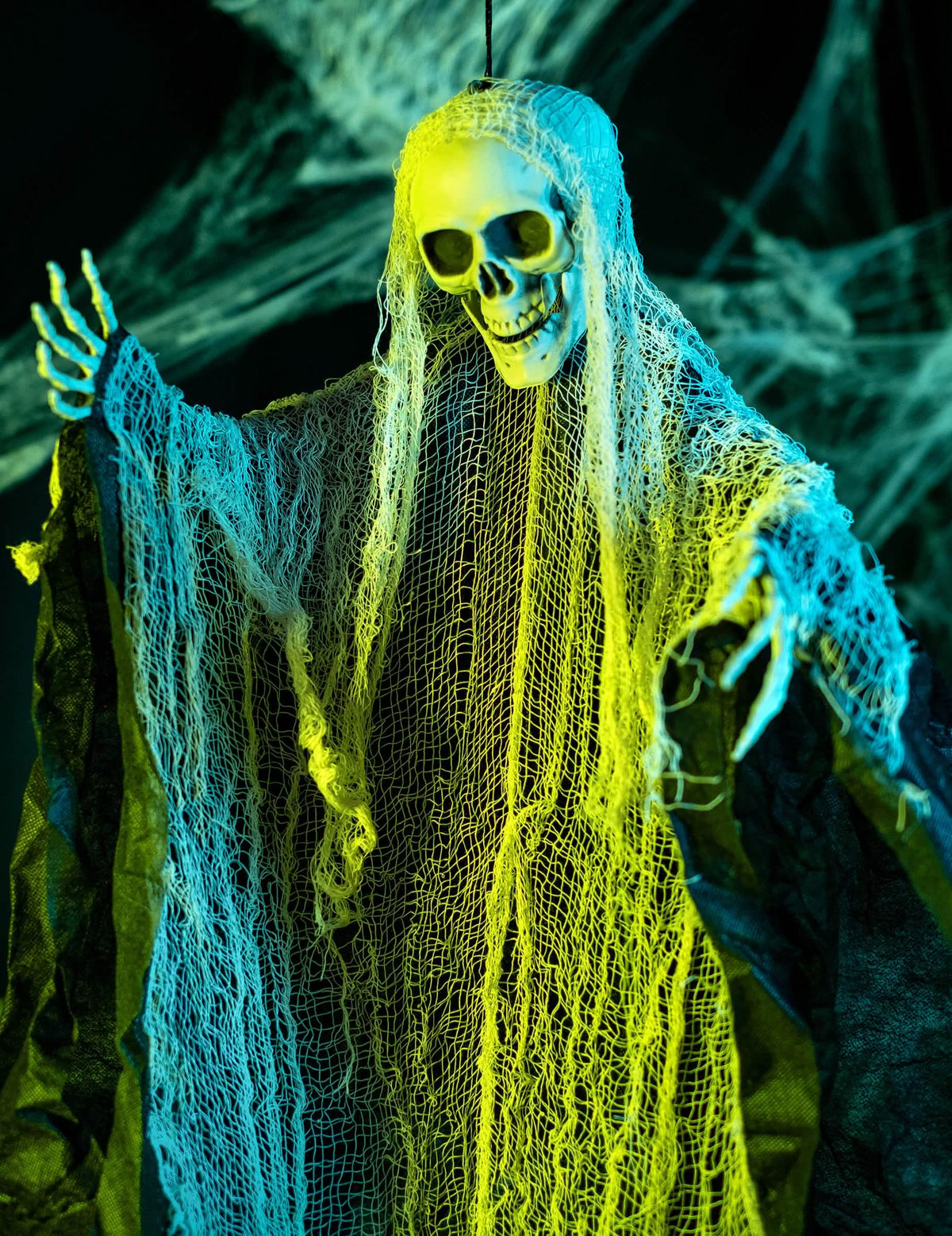 Крупен план на черепа и тюла на декорацията на жътварят за halloween