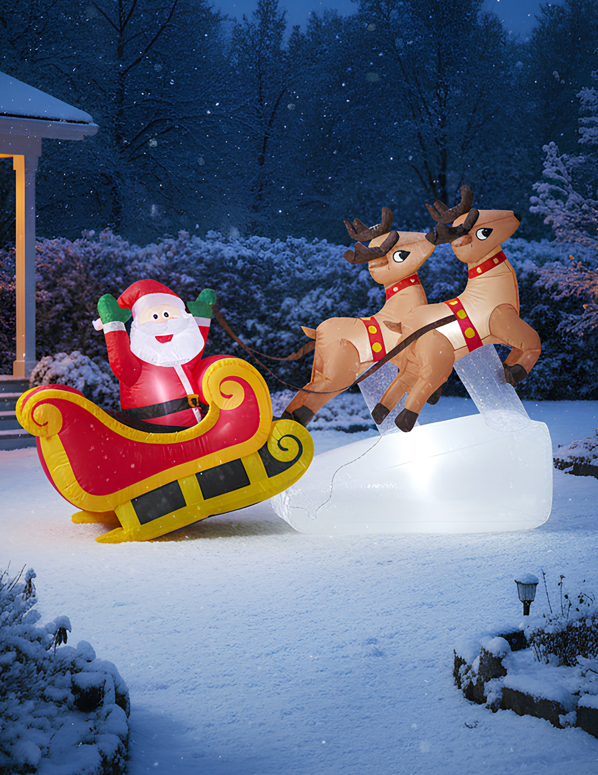 Décoration gonflable lumineuse traîneau du Père Noël pour extérieur rouge et jaune avec deux rennes