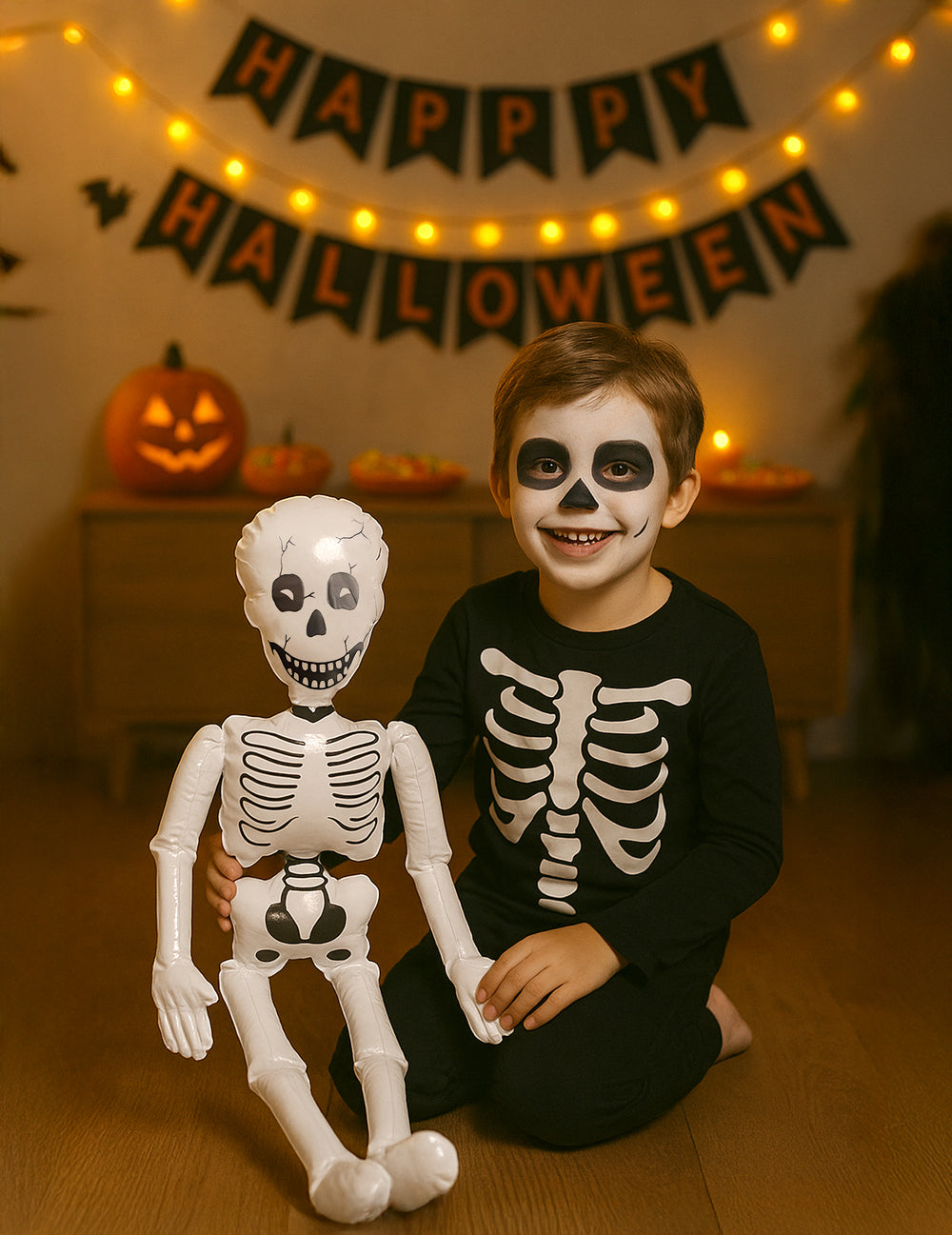 Décoration gonflable squelette pour Halloween blanc et noir