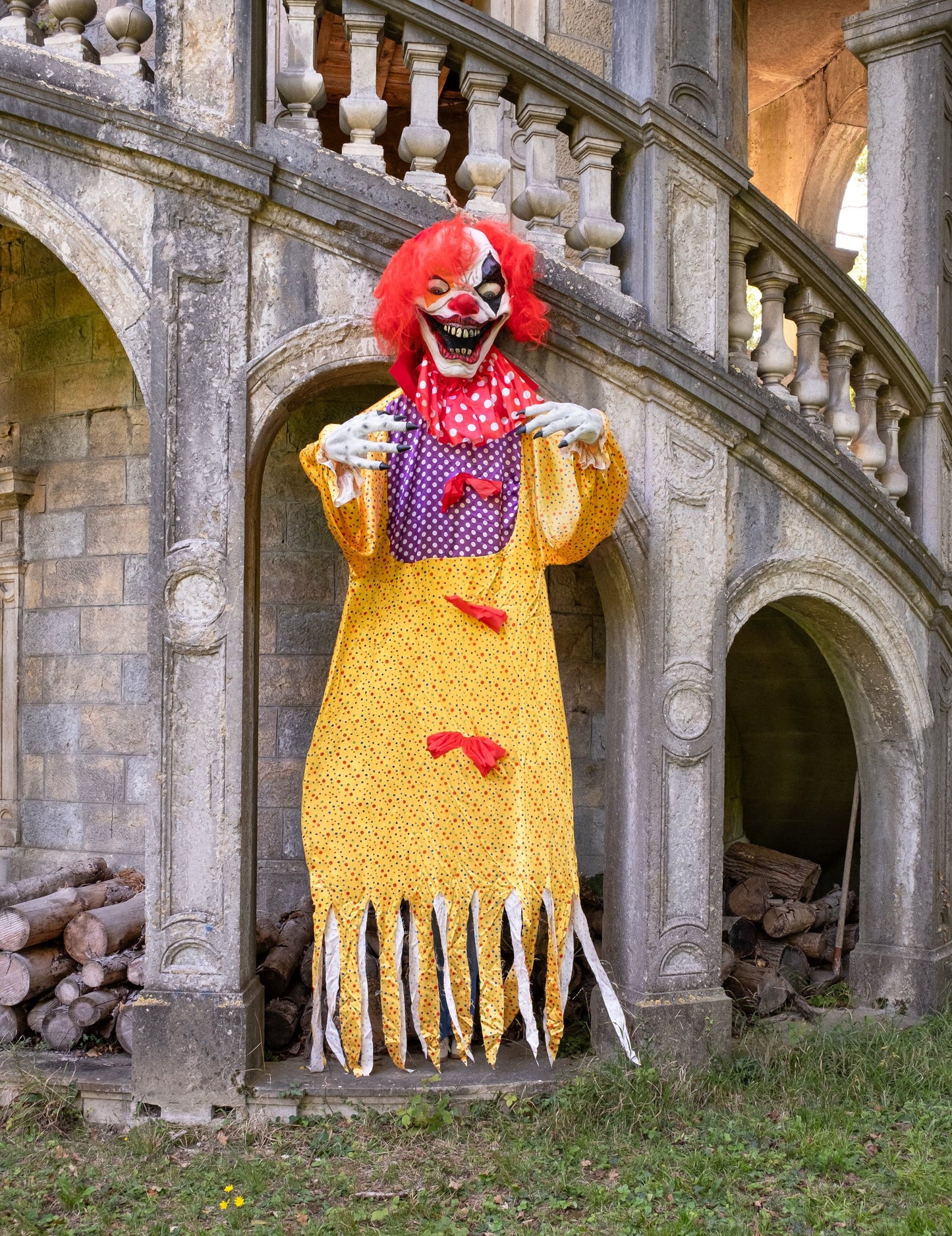 Гигантска украса за Хелоуин: ужасяващ висящ клоун, 3,50 м