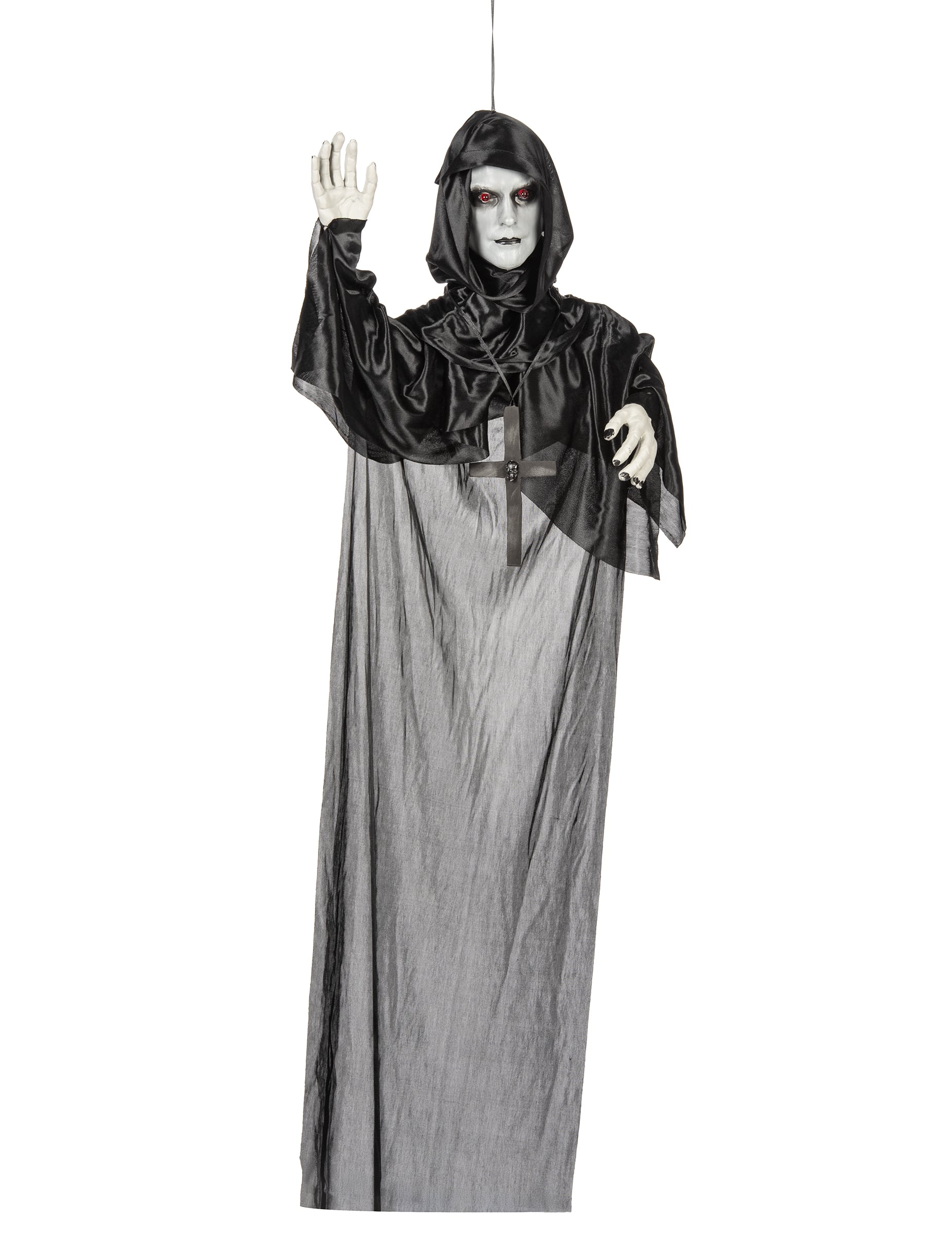 Décoration lumineuse moine suspendu pour Halloween noire et grise aux yeux rouges