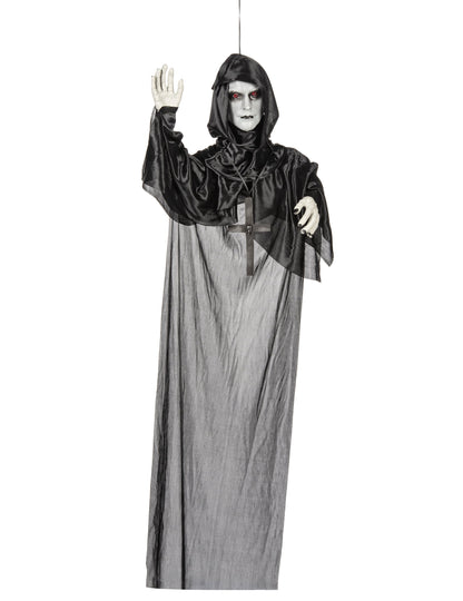 Décoration lumineuse moine suspendu pour Halloween noire et grise aux yeux rouges