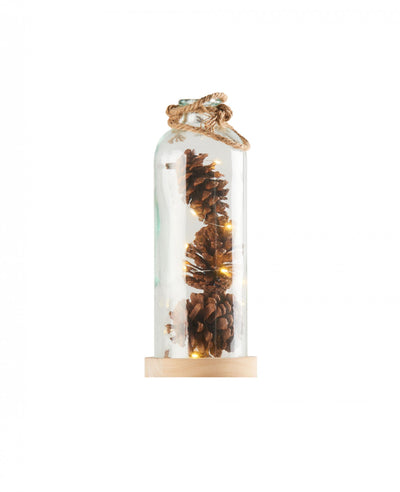 Décoration lumineuse vase avec pommes de pin pour la maison en verre et bois