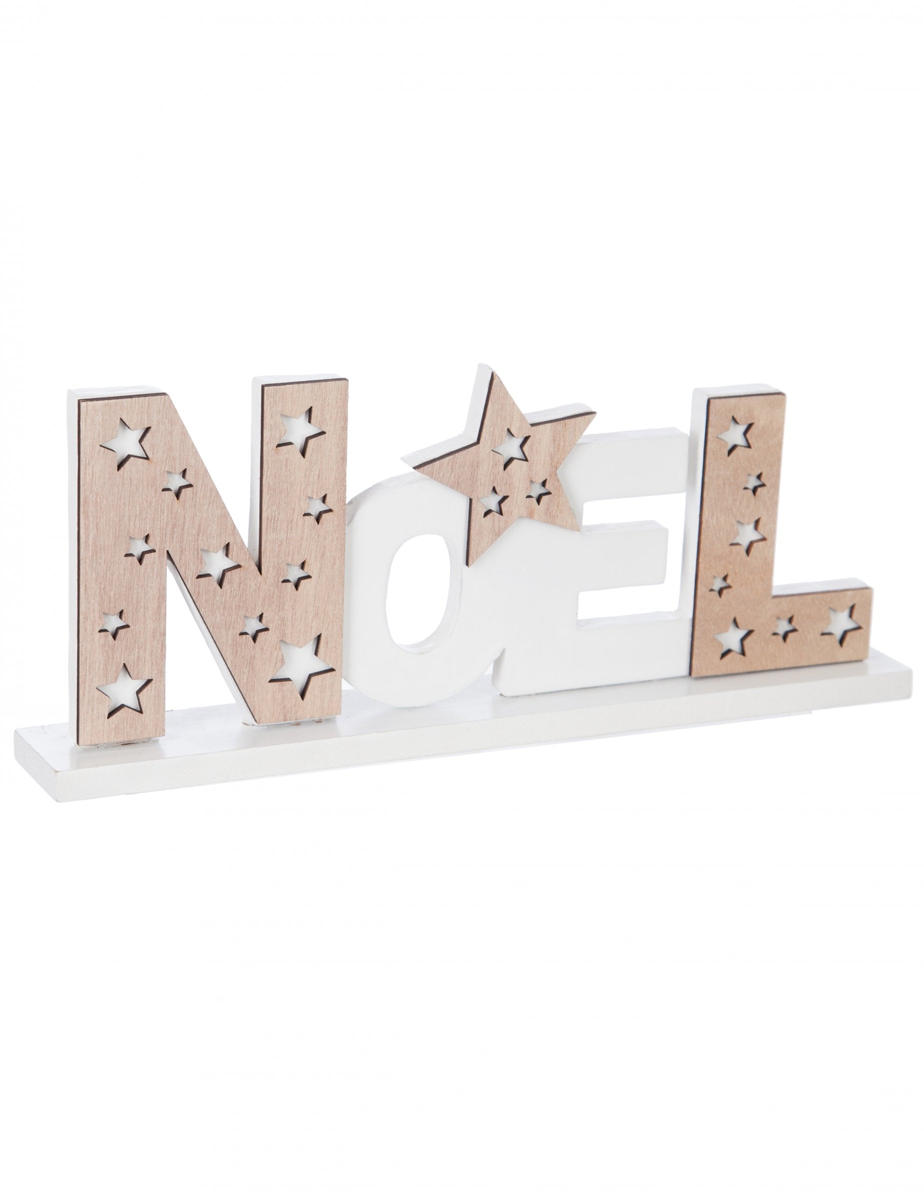 Décoration en bois Noël naturel et blanc avec étoiles