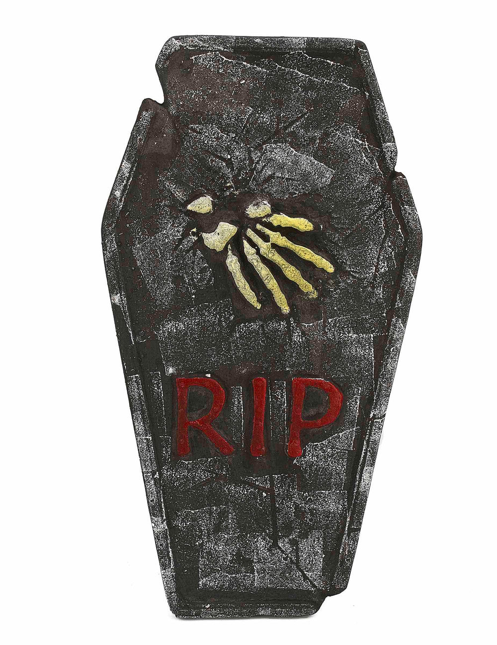 Сива декорация за надгробна плоча за halloween с надпис RIP в червено и ръка на скелет