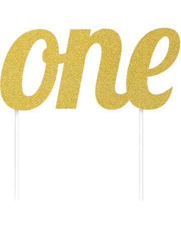 Декорация за торта за 1-годишно дете с надпис "едно" в златен брокат, 7 x 15 см cm