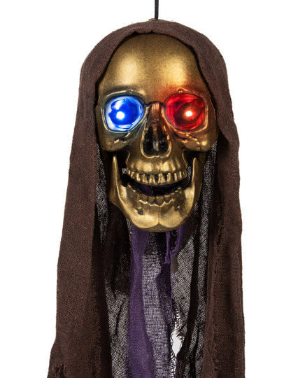 Vue de face de la décoration tête de faucheuse à suspendre pour Halloween