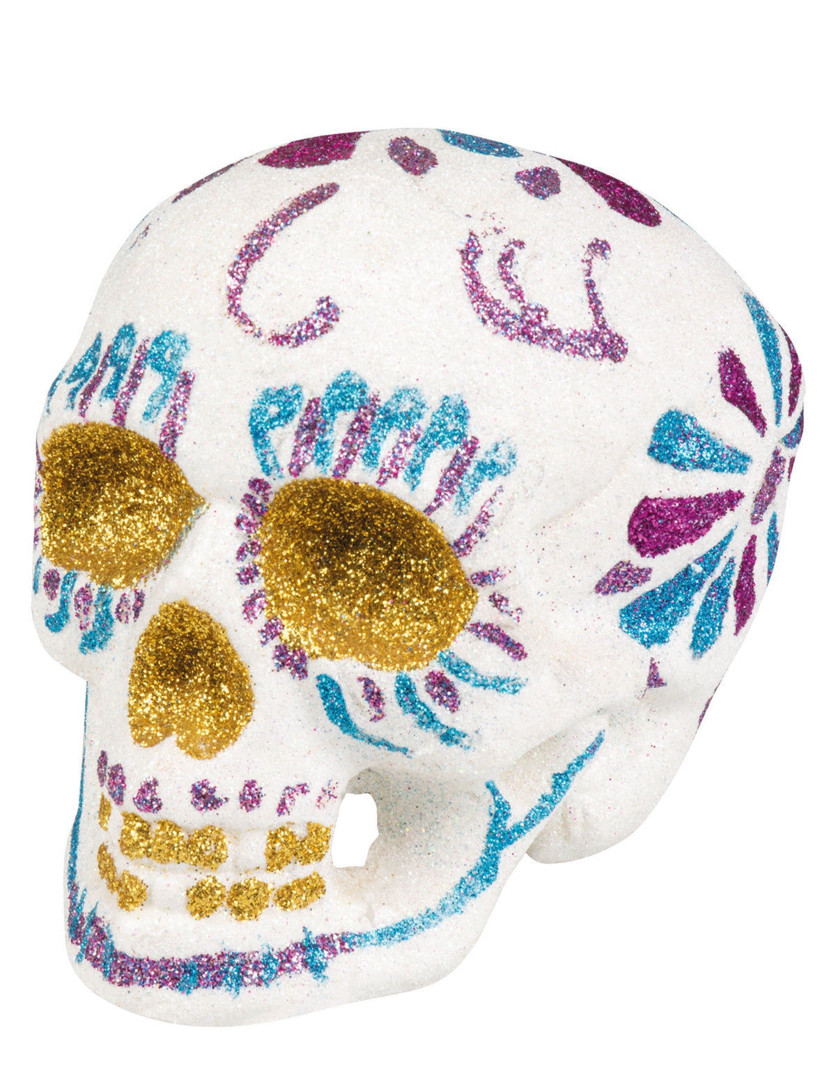 Décoration tête de mort Dia de los muertos pour Halloween blanche scintillante à paillettes dorées et violettes