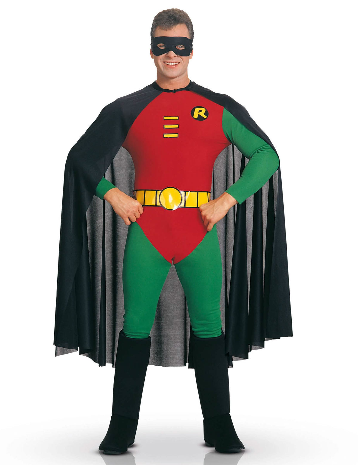 Фестивална костюмировка Robin™ за възрастен червен и зелен с черна пелерина и маска