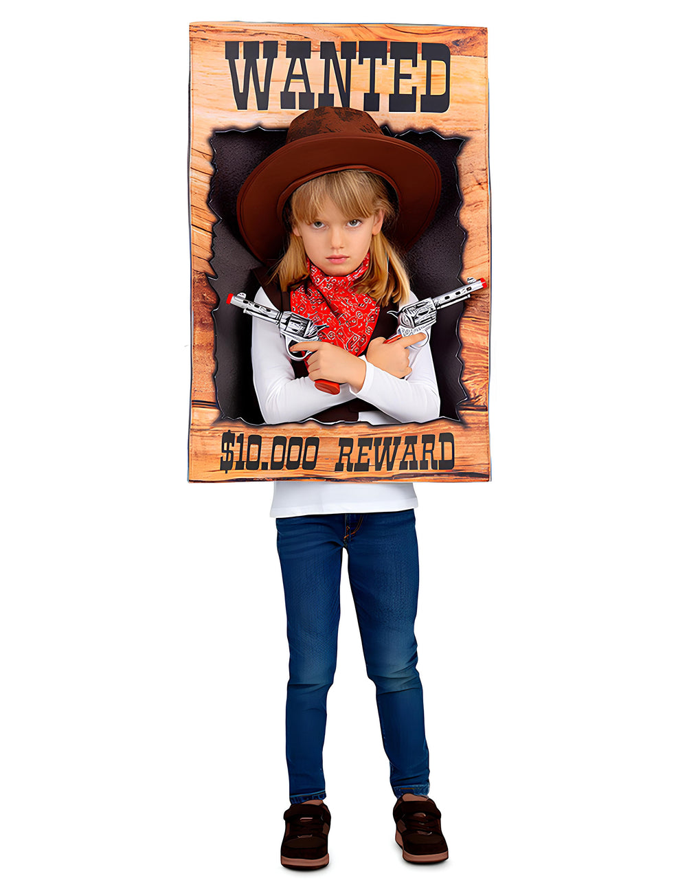 Déguisement Affiche Wanted pour enfant marron effet bois avec chapeau et bandana rouge