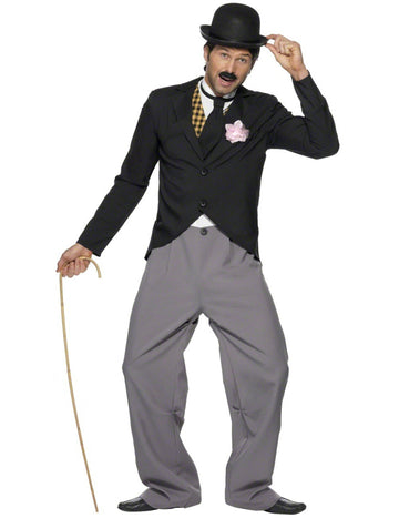 Déguisement années 20 charleston pour homme noir et gris avec chapeau melon et canne