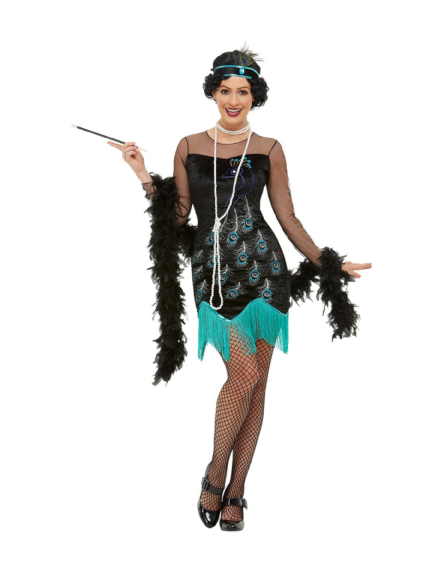 Déguisement années 20 paon pour femme noir avec motifs plumes et franges turquoises