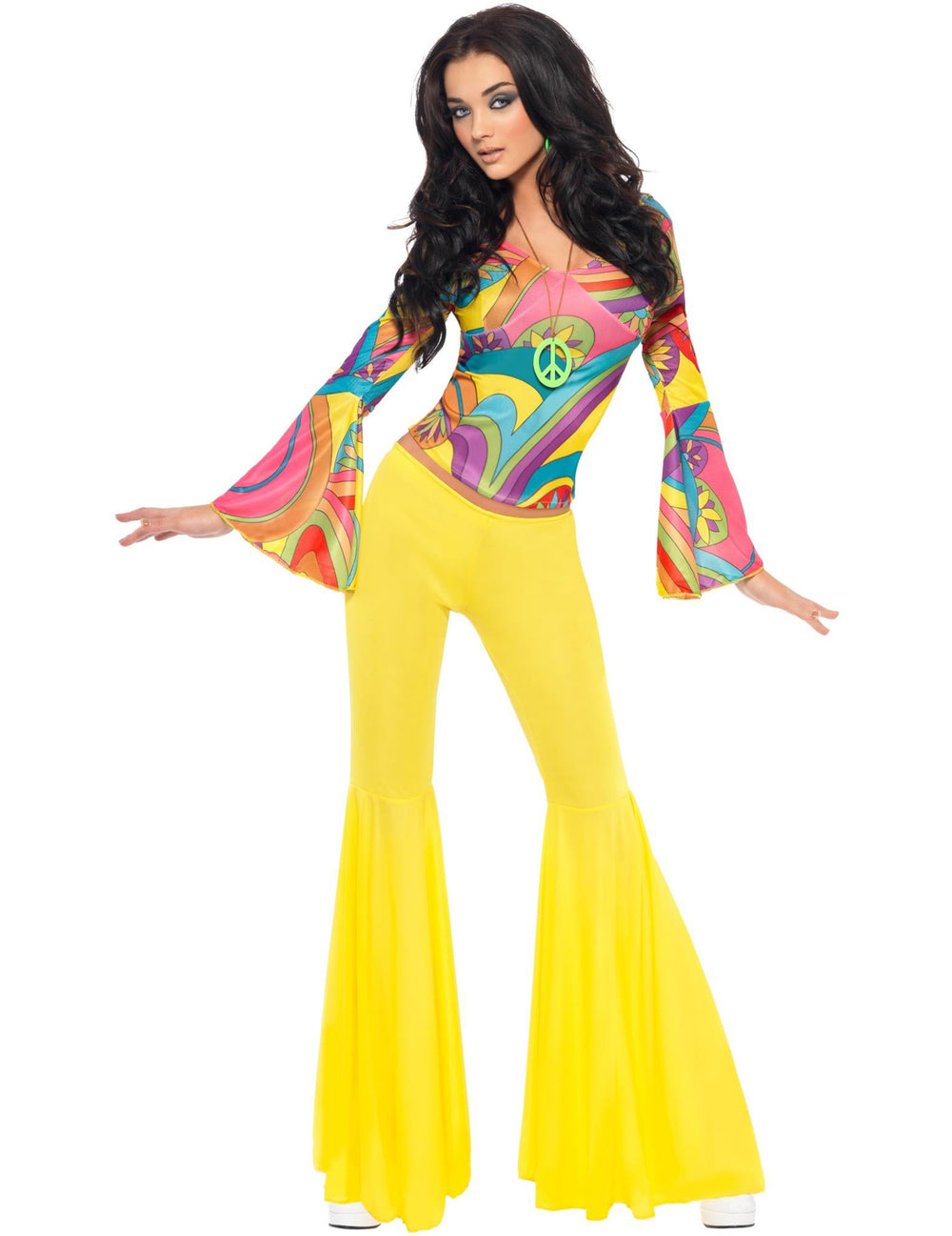 Déguisement années 70 hippie pour femme jaune et multicolore avec pantalon pattes d'eph