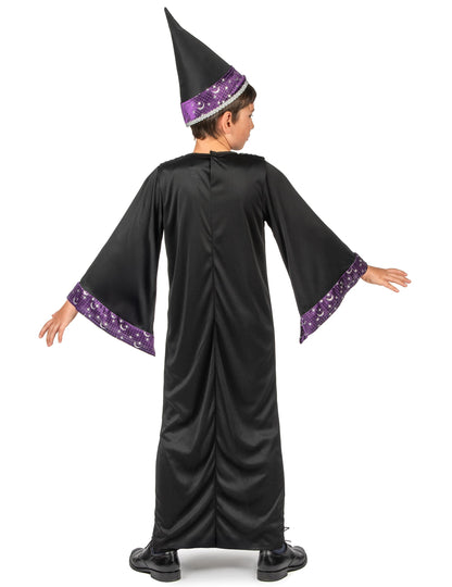 Déguisement d'apprenti sorcier pour enfant noir et violet avec chapeau pointu