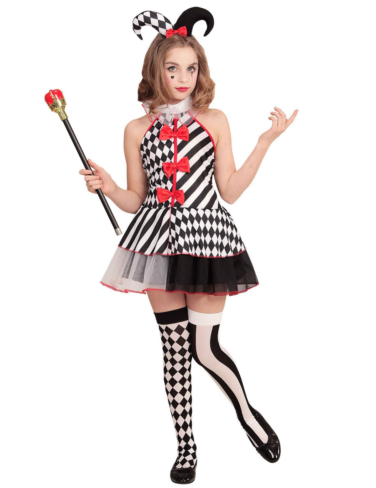 Déguisement arlequin damier pour fille noir et blanc avec nœuds rouges