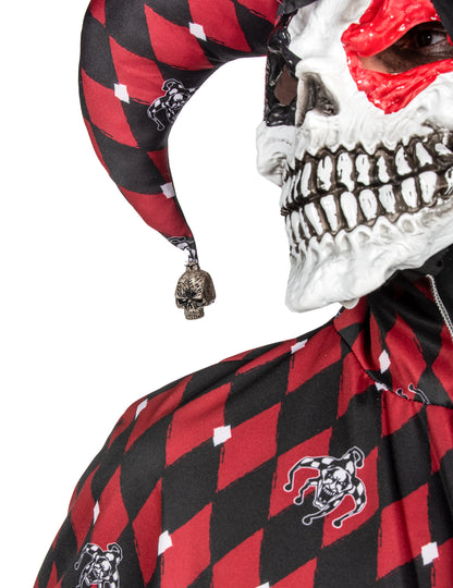 Détail du masque de squelette et du bonnet du déguisement Arlequin du mal luxe