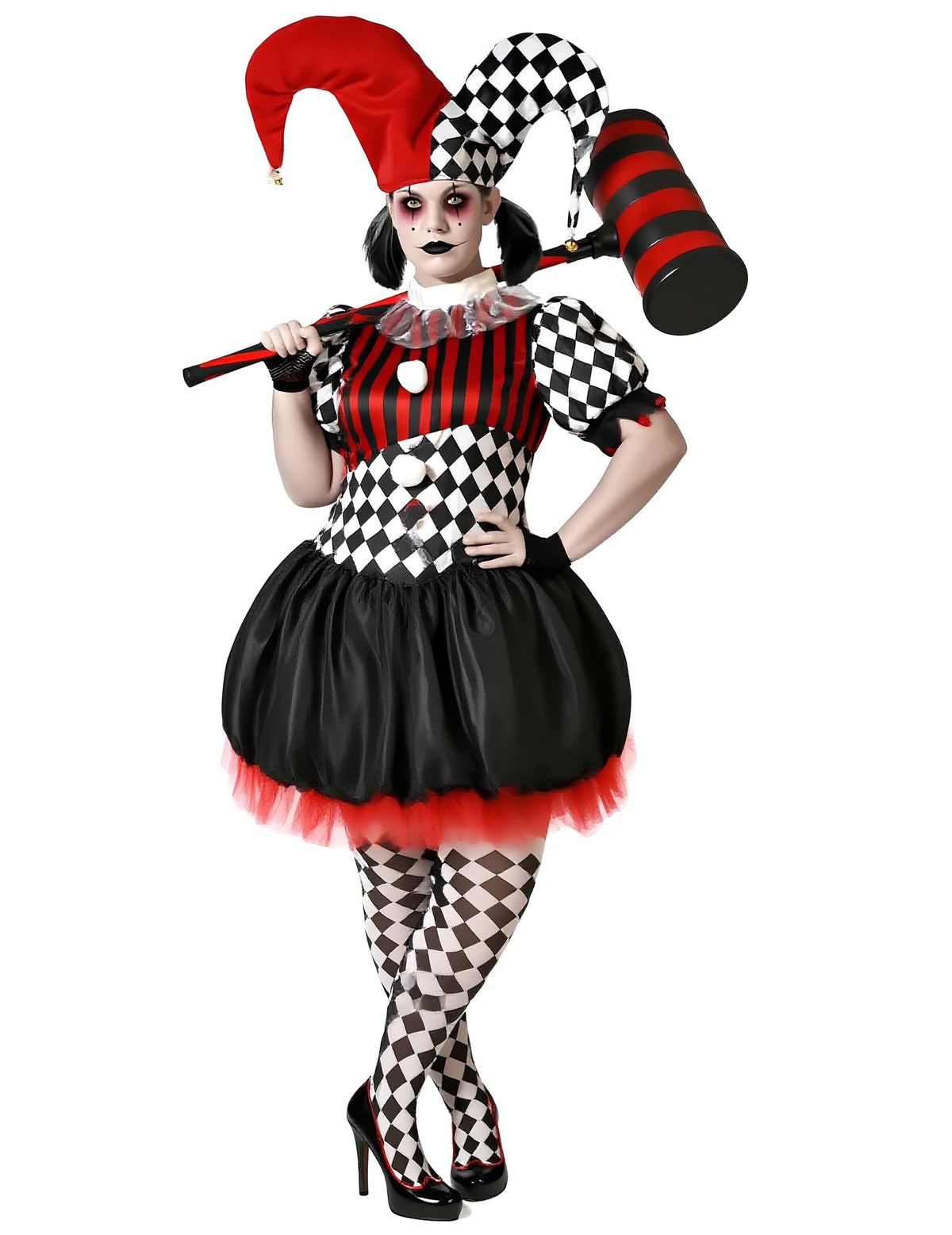 Déguisement Arlequin effrayant pour femme rouge noir et blanc à losanges