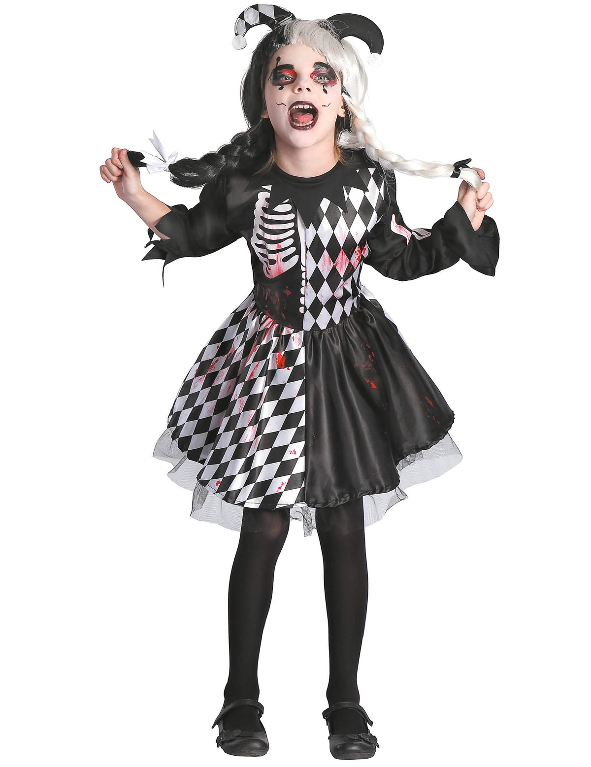 Déguisement arlequin ensanglanté pour fille noir et blanc avec motif squelette