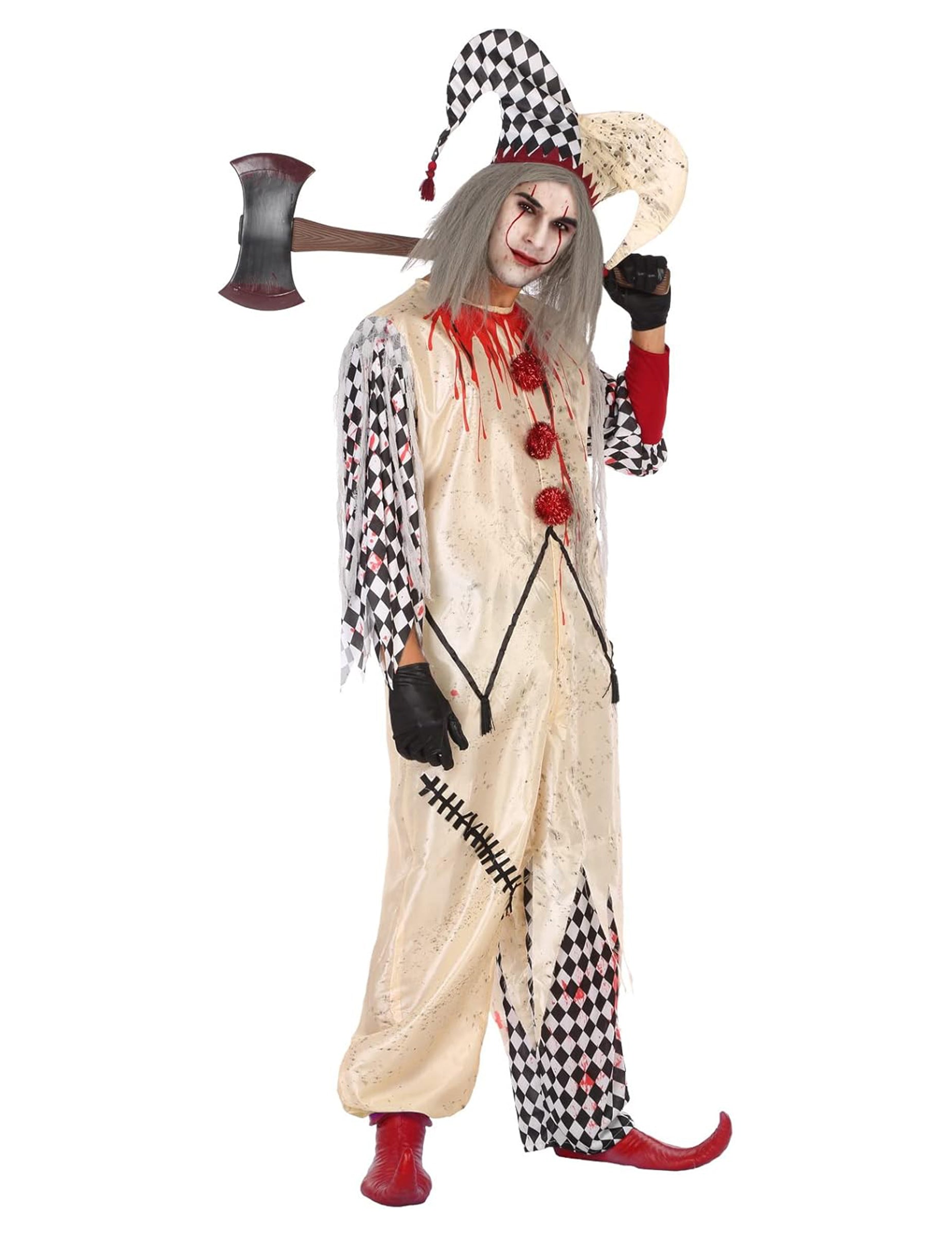 Déguisement d'arlequin ensanglanté pour homme beige et noir à damier avec sang