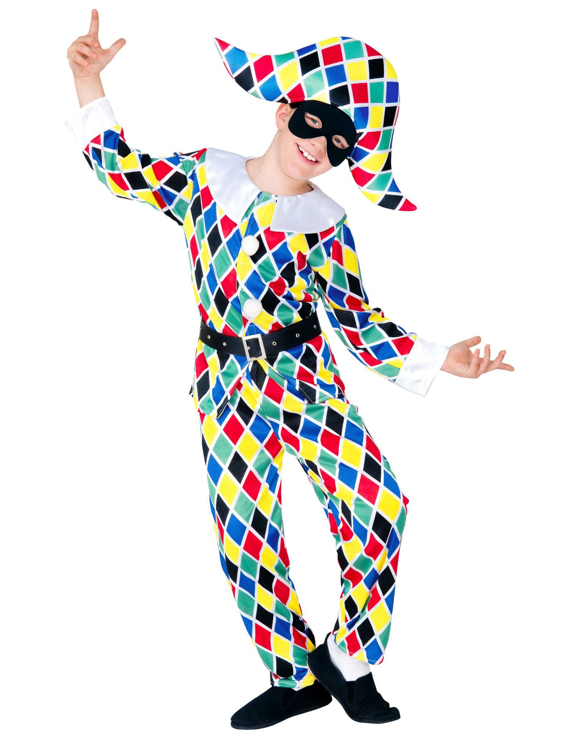 Déguisement d'arlequin pour enfant multicolore à motifs losanges avec chapeau et masque noir