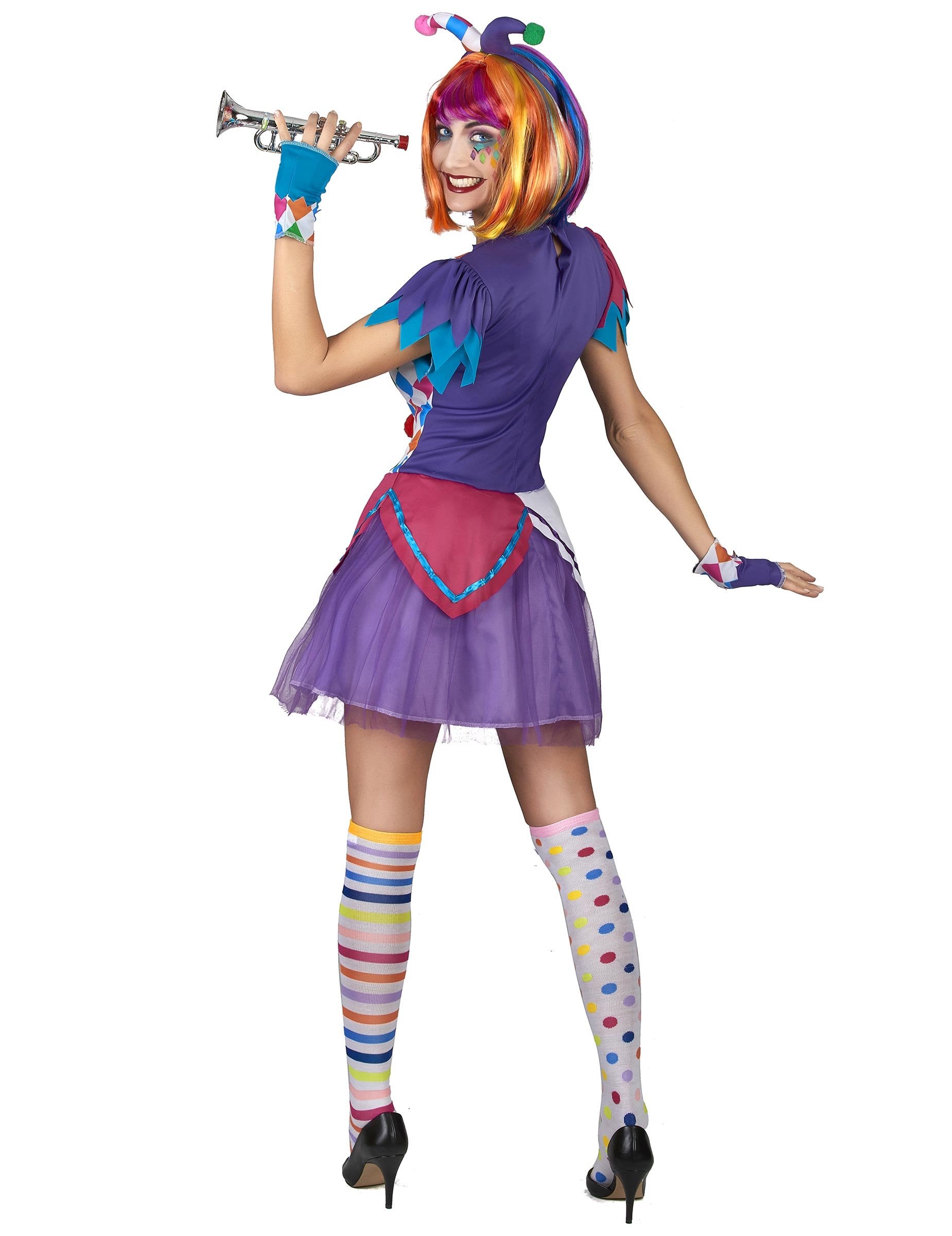 Vue de dos du déguisement arlequin pompons colorés