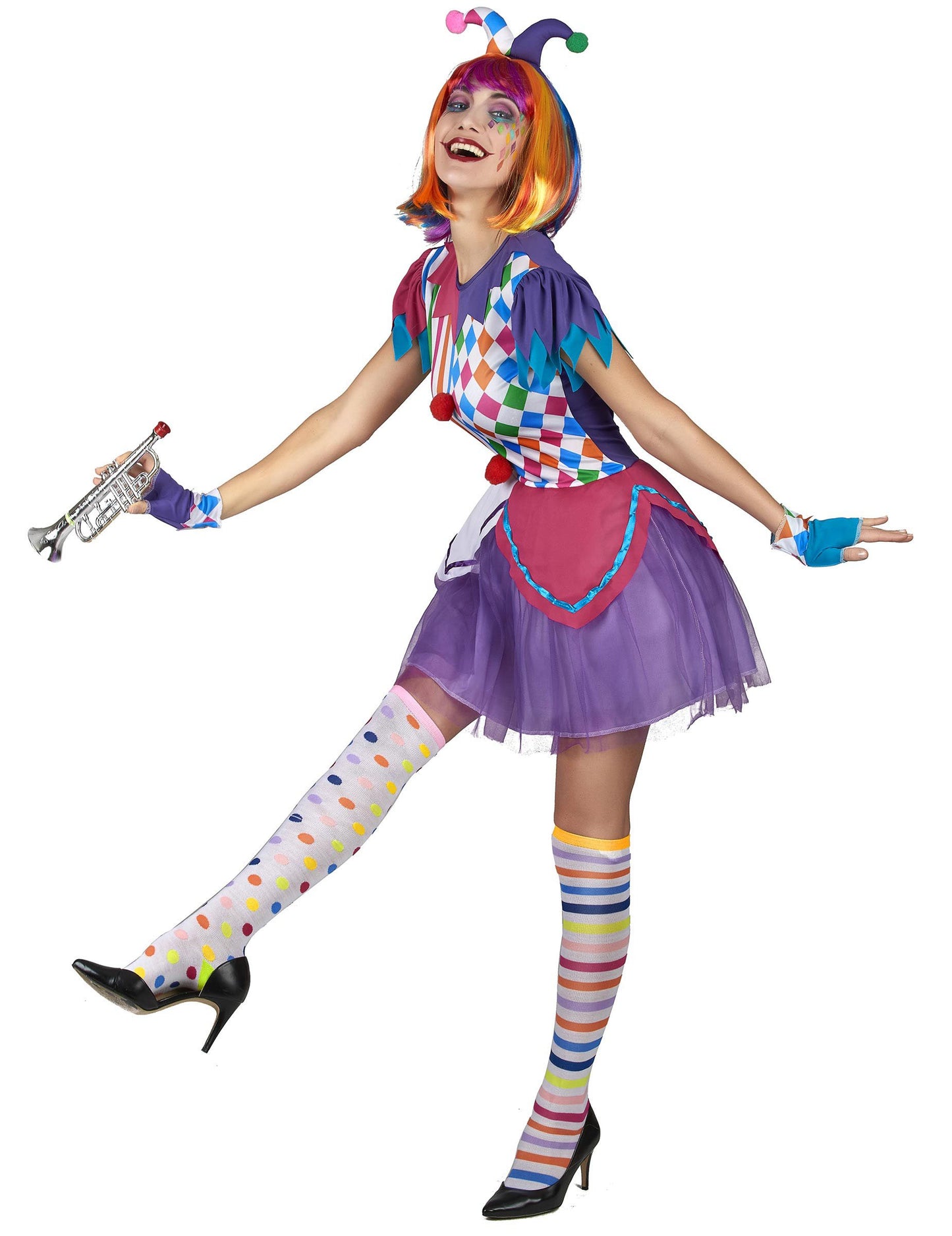 Костюм за арлекин цветни помпоми жена