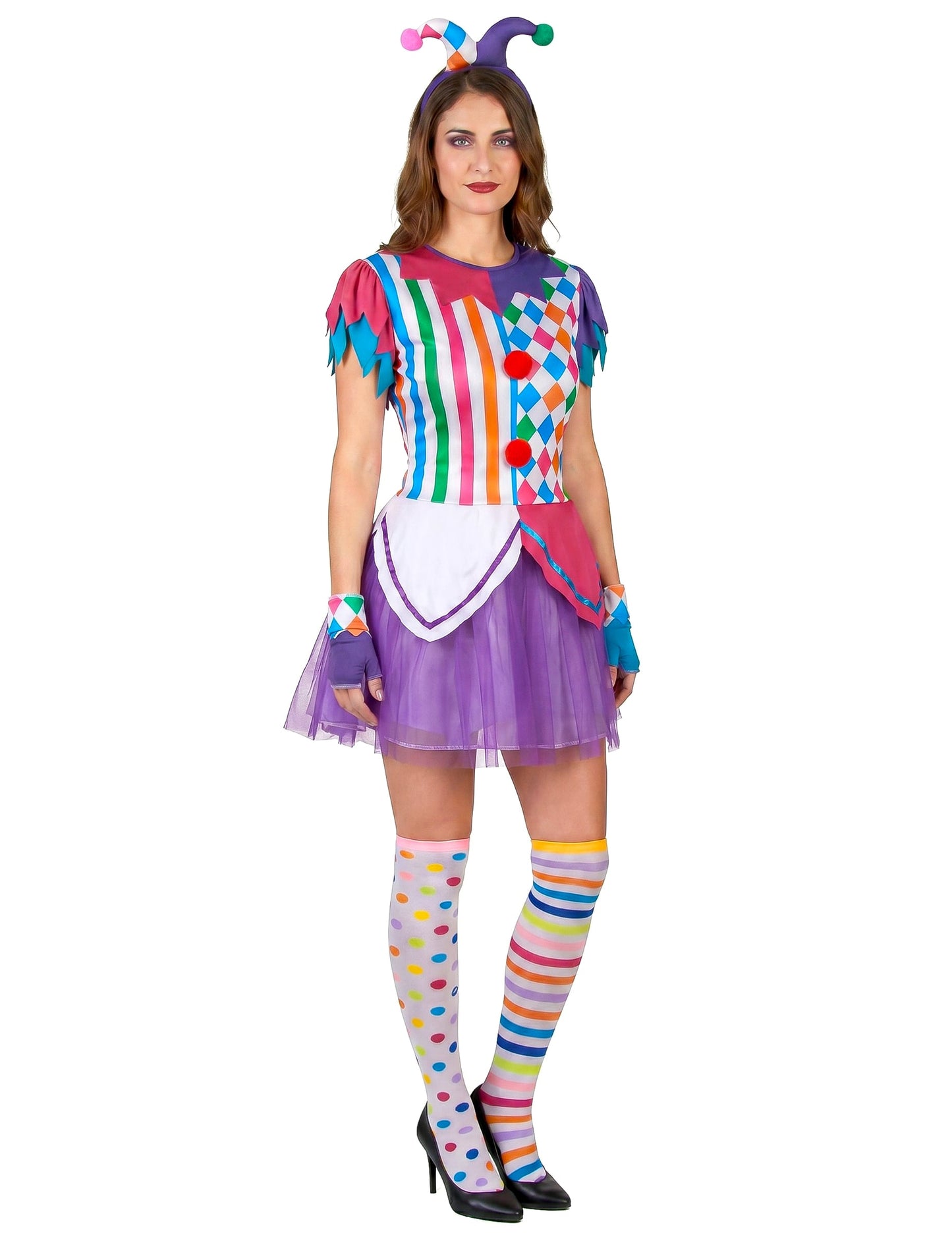 Déguisement arlequin pompons colorés femme