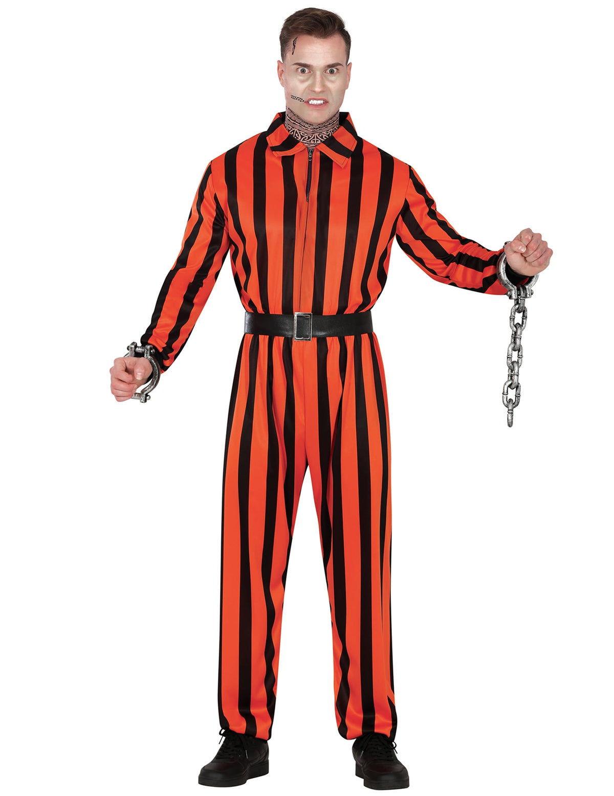 Vue de face du déguisement arlequin prisonnier pour homme