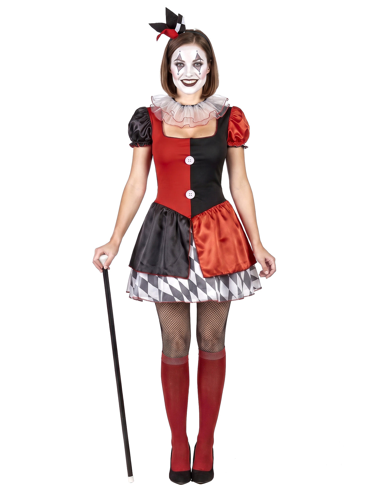 Déguisement arlequin rouge et noir femme