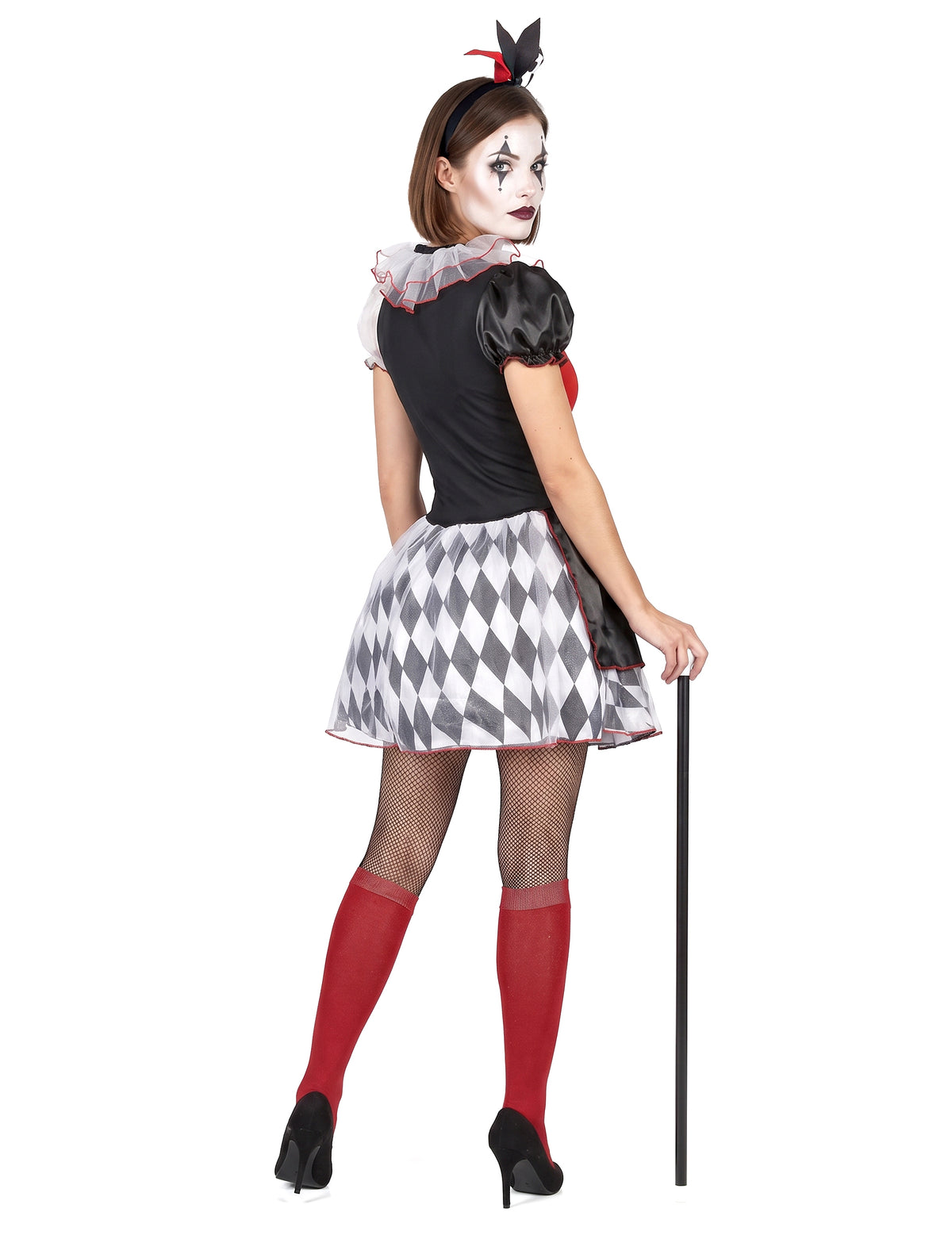 Déguisement arlequin rouge et noir femme