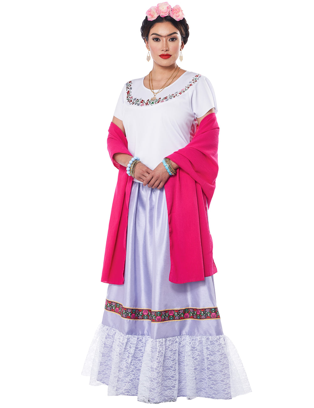 Déguisement artiste Mexicaine luxe pour femme avec haut blanc jupe violette et châle rose