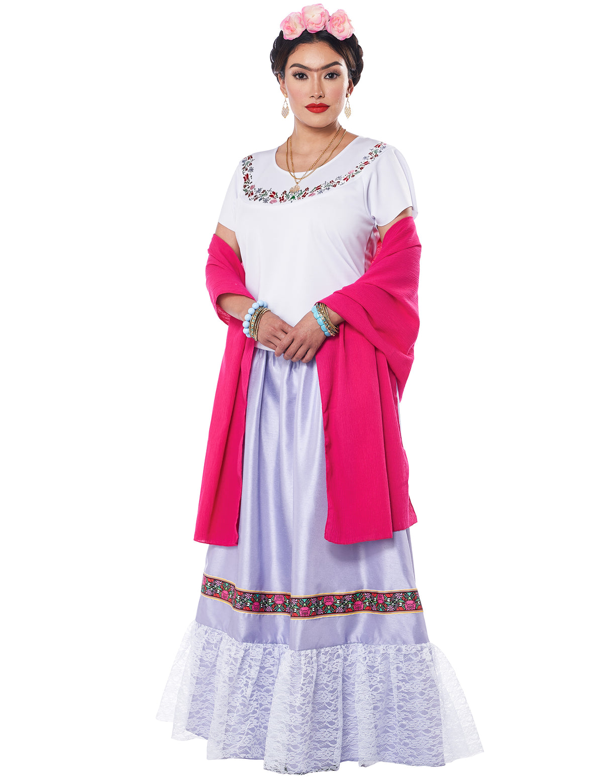 Déguisement artiste Mexicaine luxe pour femme avec haut blanc jupe violette et châle rose
