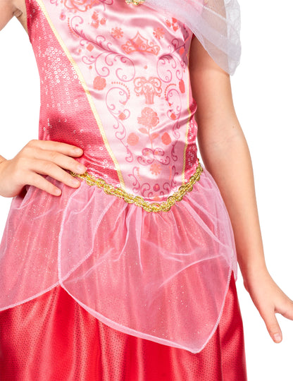 Gros plan sur le bustier et la basque du déguisement Aurore La Belle au bois dormant classique