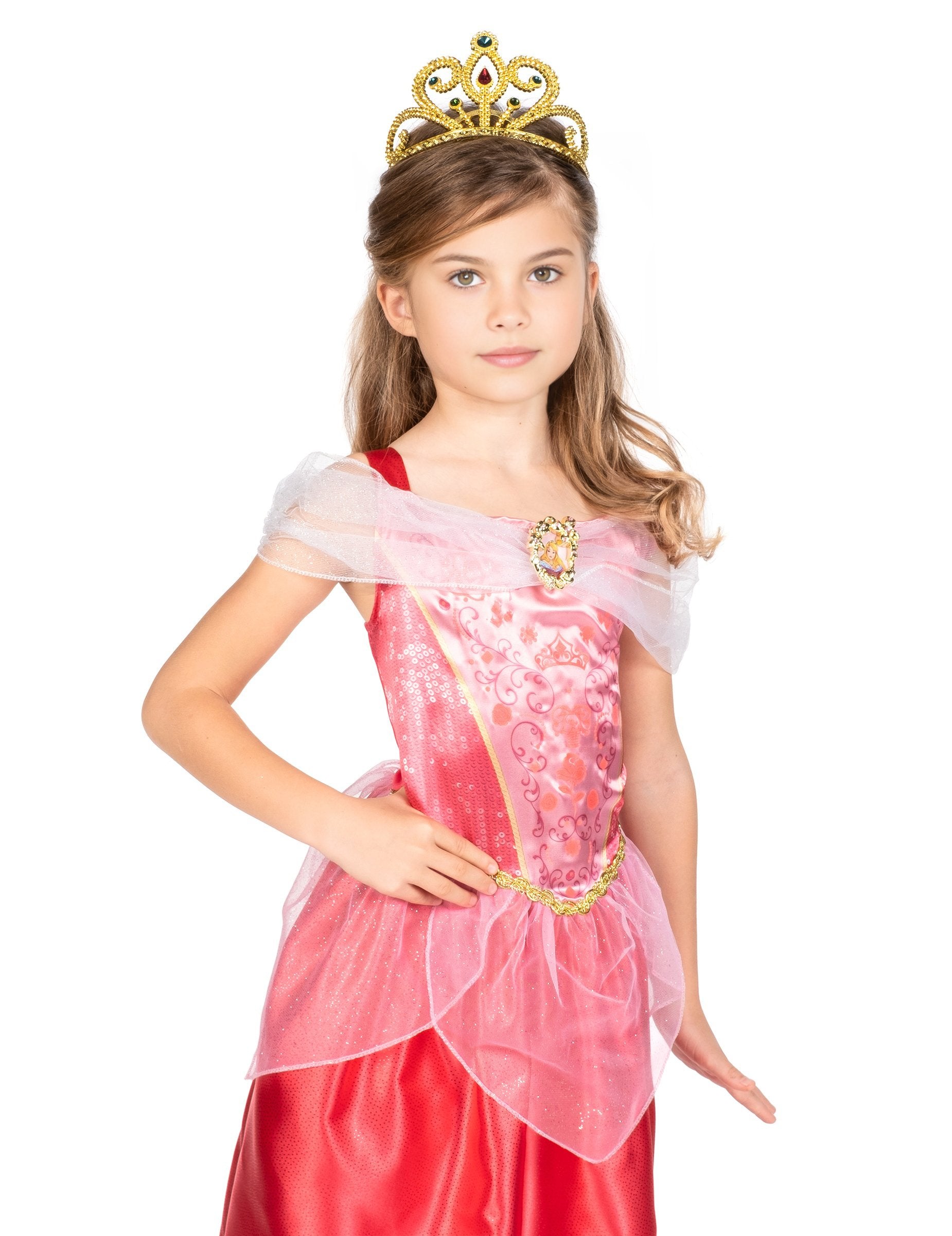 Gros plan sur le bustier et la couronne du déguisement Aurore La Belle au bois dormant classique