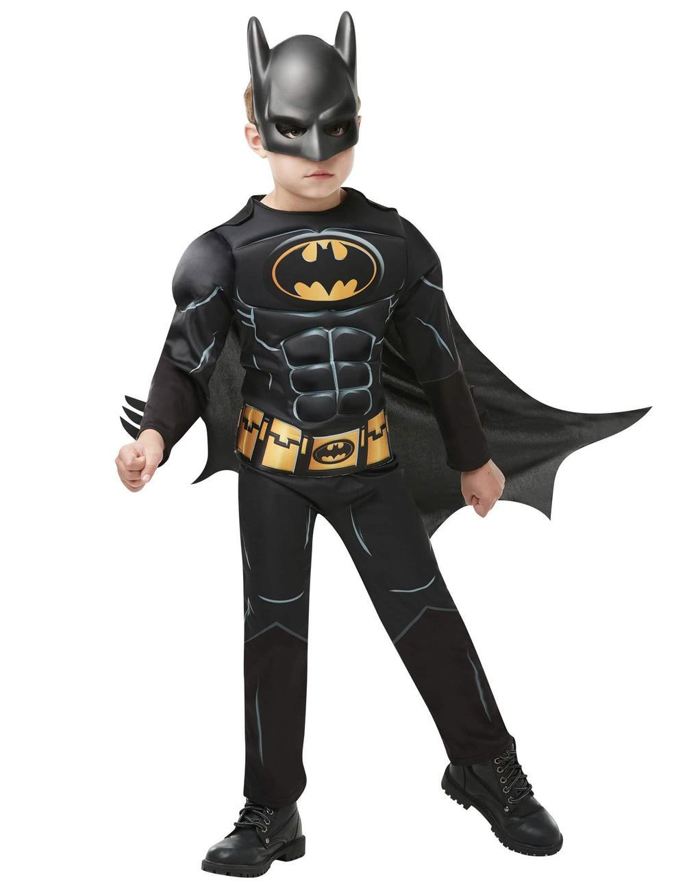 Déguisement avec masque Batman luxe pour garçon noir avec torse musclé et ceinture jaune