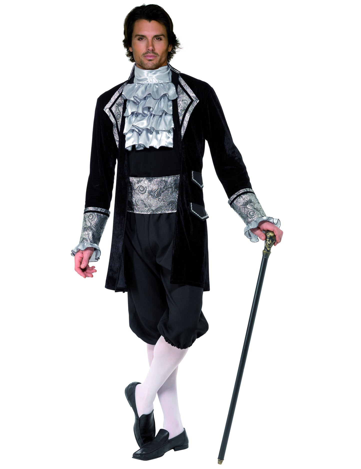 Déguisement baroque pour homme argenté et noir avec jabot
