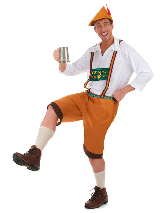 Déguisement de Bavarois pour homme marron avec chemise blanche et chapeau