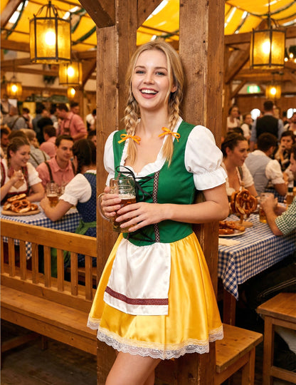 Mise en situation avec chope de bière du déguisement bavaroise pour femme