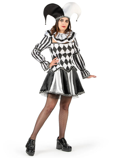 Déguisement clown diabolique noir et blanc femme