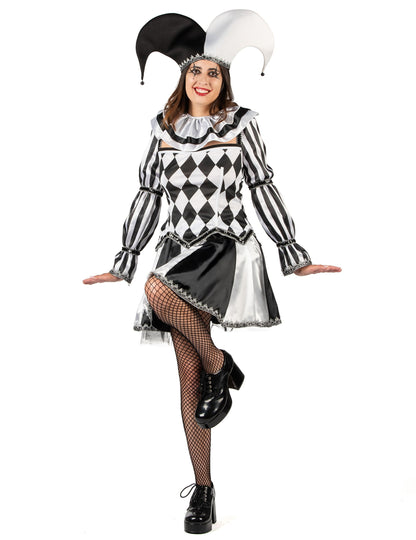 Луксозен дамски костюм на зловещ черно-бял шут 