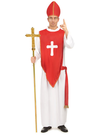 Déguisement cardinal pour homme rouge et blanc avec mitre et croix dorée
