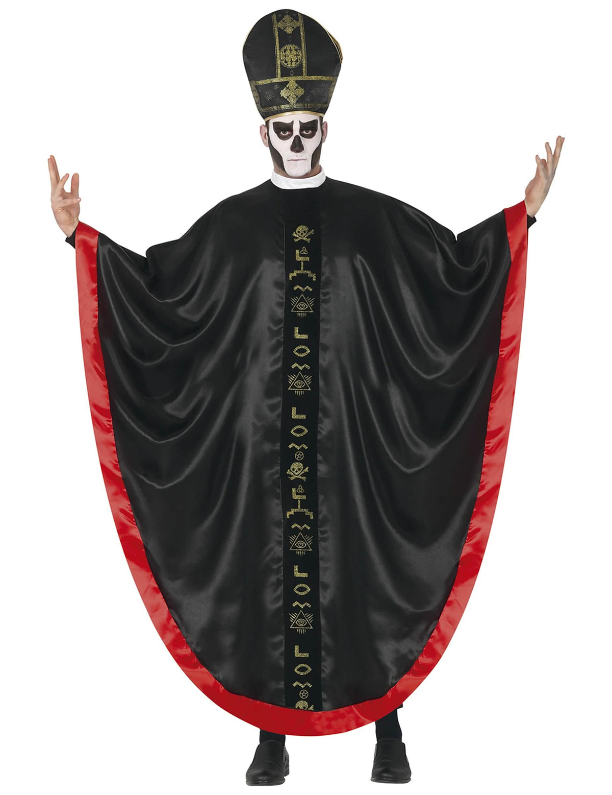 Déguisement cardinal satanique pour adulte noir et rouge avec motifs dorés