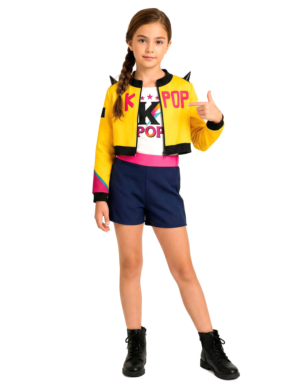 Déguisement chanteuse Kpop pour fille jaune et bleu avec veste à piques