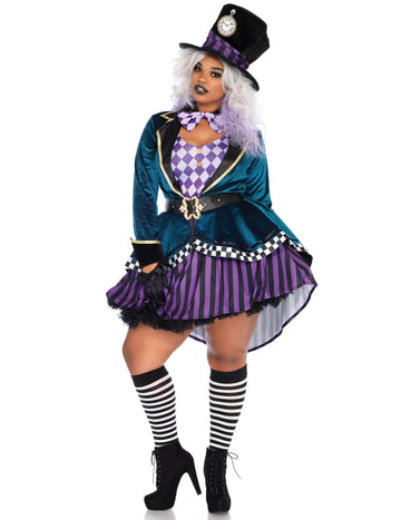 Déguisement de chapelier fou pour femme violet et bleu canard à rayures et damier