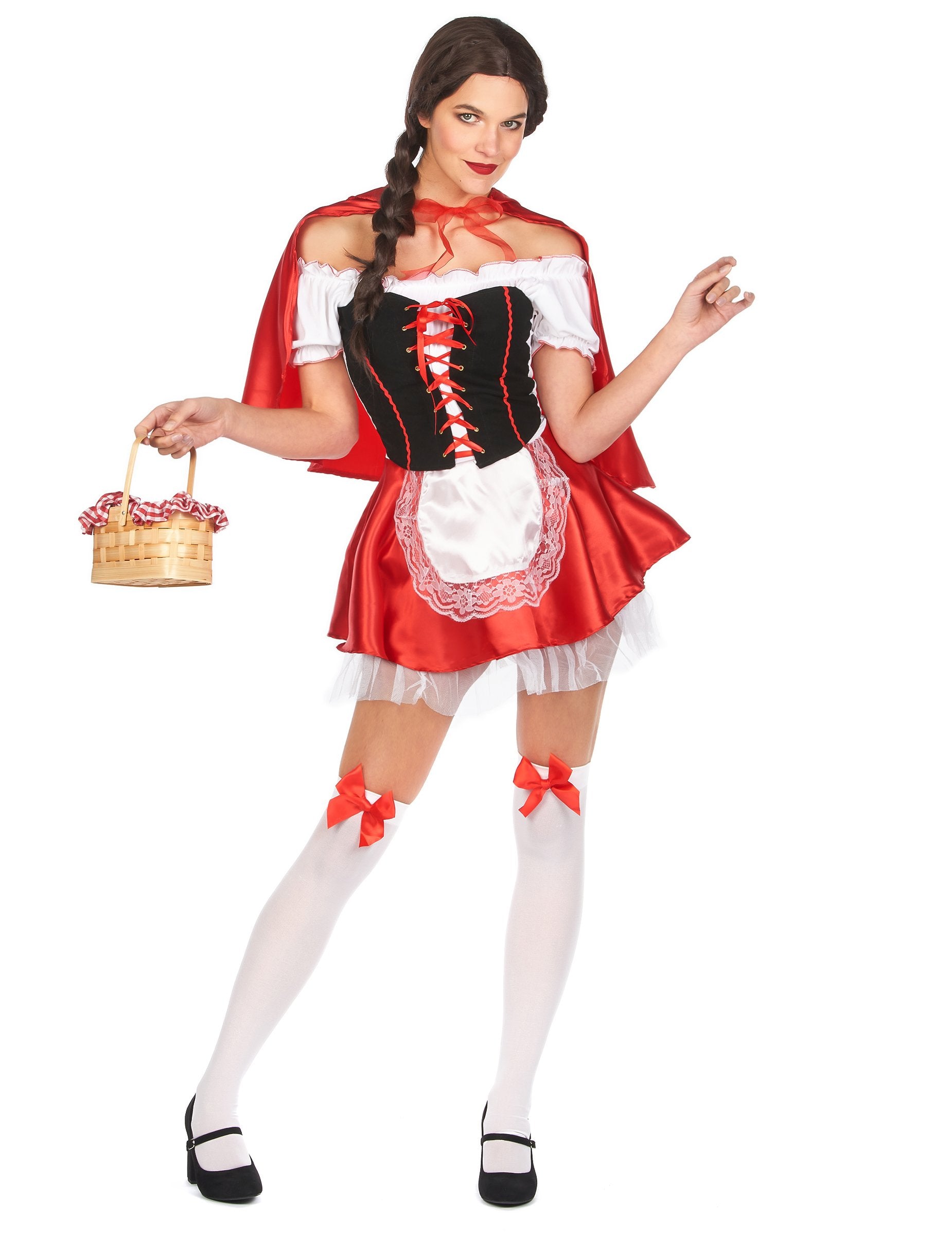 Дегизиране на червена шапчица за жени в червено и черно с наметка и корсет