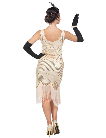 Луксозен дамски карнавален костюм Чарлстън в бежово със секвини 