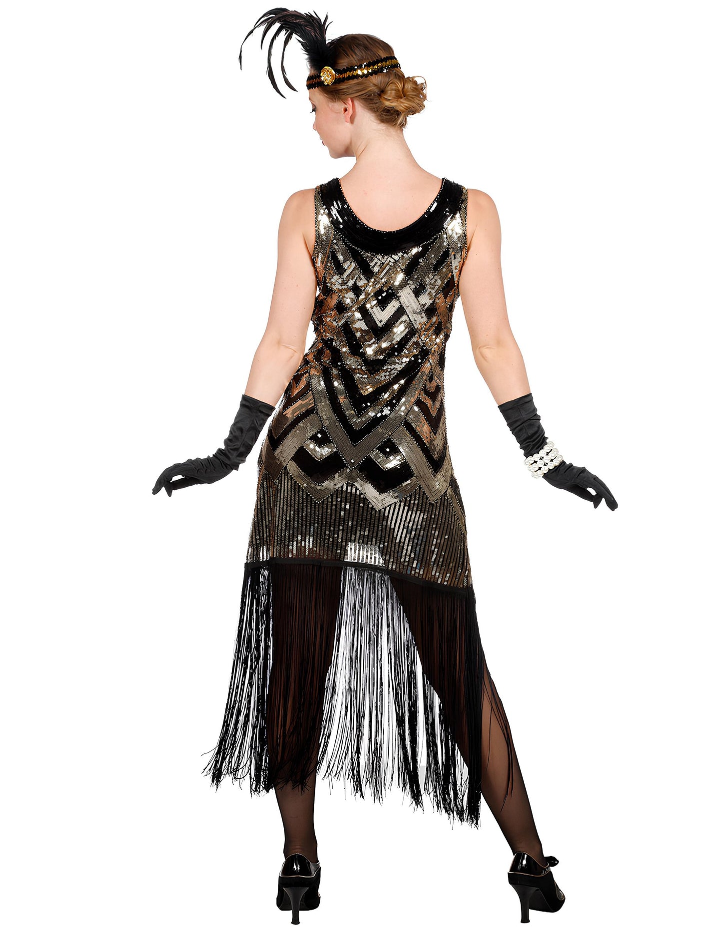 Луксозен дамски карнавален костюм Чарлстън в черно и златно с пайети 