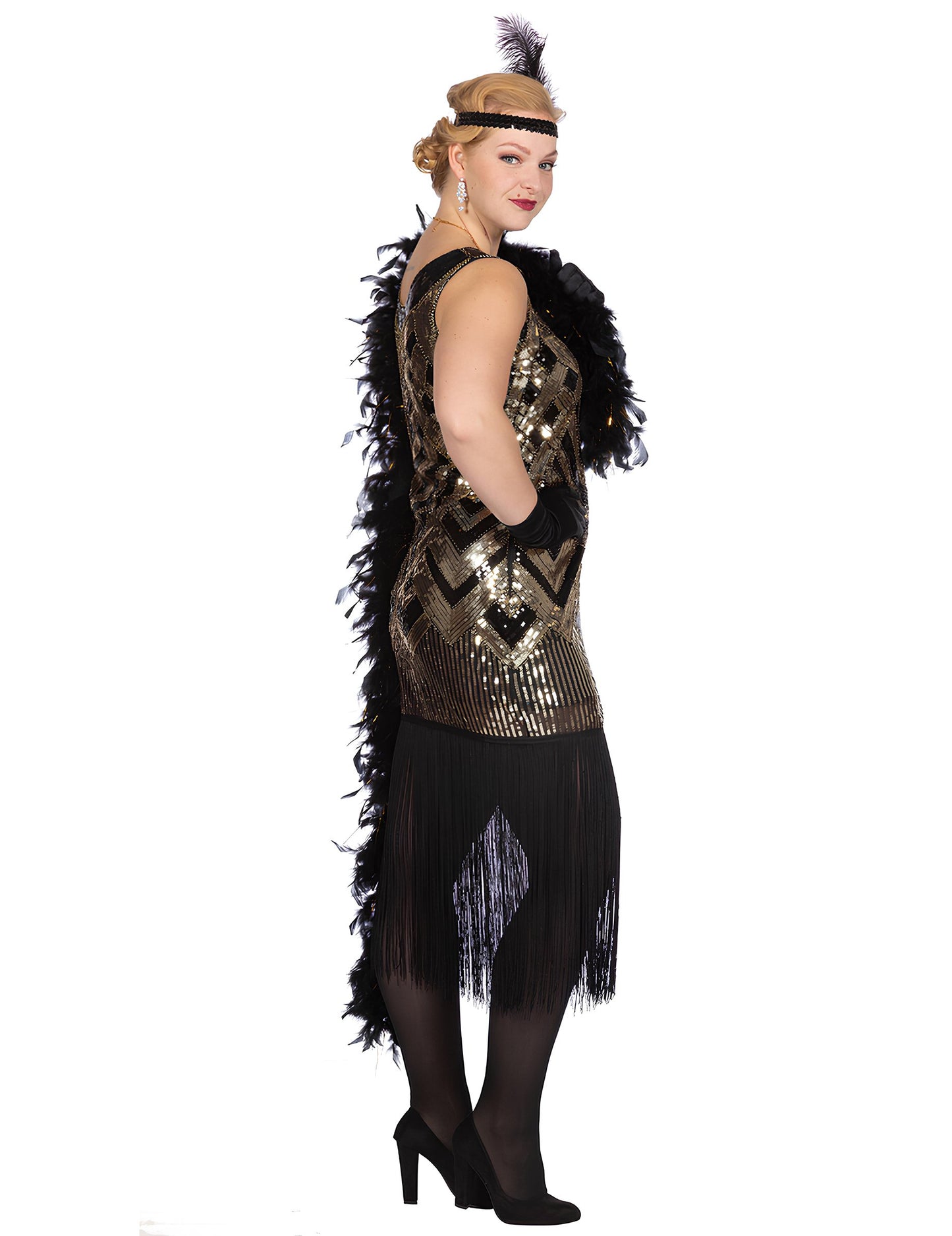 Луксозен дамски карнавален костюм Чарлстън в черно и златно с пайети 
