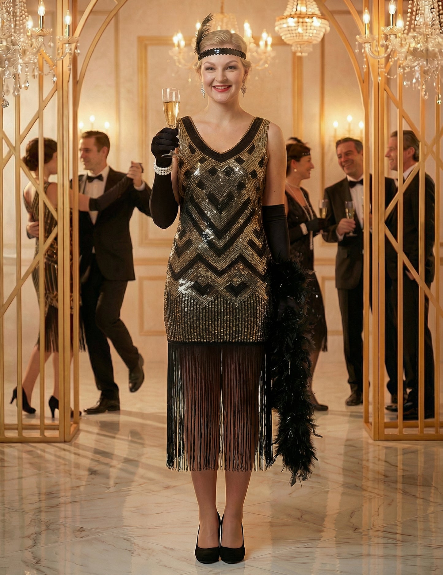 Луксозен дамски карнавален костюм Чарлстън в черно и златно с пайети 